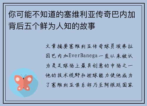 你可能不知道的塞维利亚传奇巴内加背后五个鲜为人知的故事