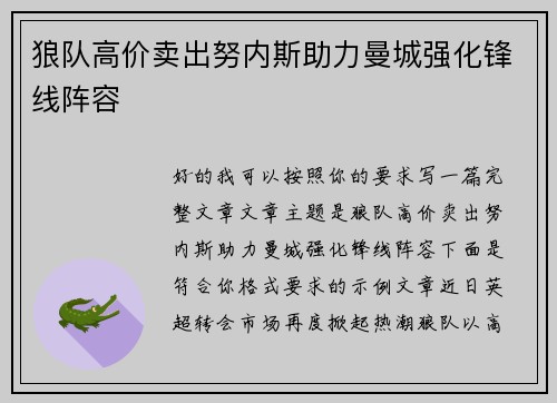 狼队高价卖出努内斯助力曼城强化锋线阵容